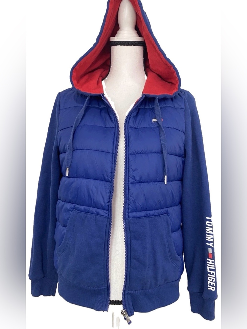 Tommy Hilfiger Women Bright Blue Red Quilted Puffer Jacket Hoodie Medium Sporty